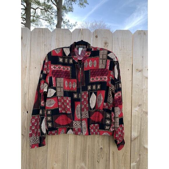 Vintage Kensington Square Womens Leaf Full Zip Casual Jacket Petite Large Red